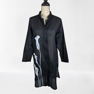 NEW Hand Painted in Bali Cala Lily Cover Up Dress Black Cotton Wmn's Med